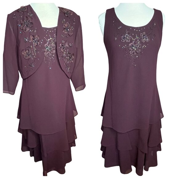 R&M Richards Petite 12P Plum Layered Semi Formal Dress & Jacket Elegant Feminine - Picture 1 of 16